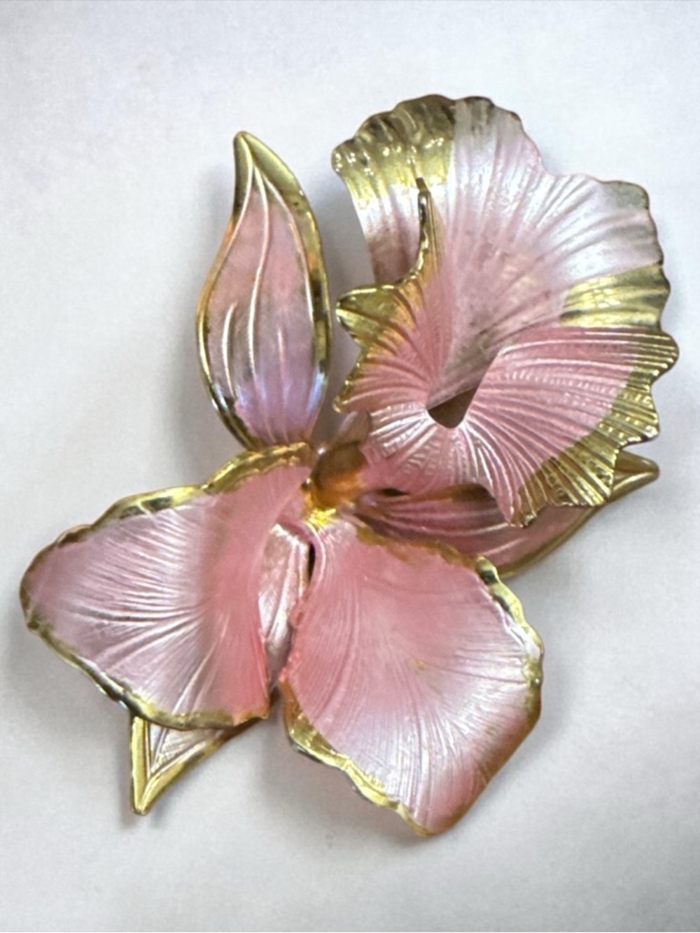 Vintage Signed Cerrito Original 1982 Pink Enamel Orchid Brooch Gold Tone